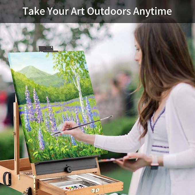 Falling in Art 4 Legs Portable Beechwood French Easel, Natural | Plein Air Easel with Bigger Storage Drawer, Full Size Sketchbox Travel Easel for Painting, Drawing, Artwork