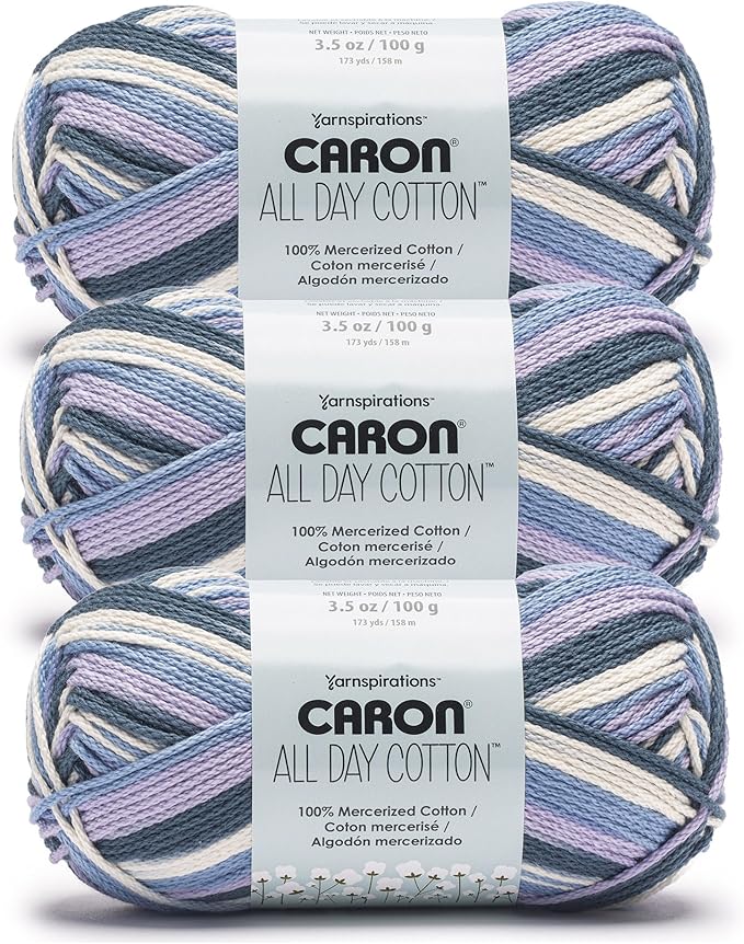Caron All Day Cotton Prints Yarn for Crocheting, Snow On The Beach, 3-Pack | #4 Worsted Yarn, 100% Mercerized Cotton, Soft Crochet Yarn for Knitting, Amigurumi & Crafts, 173yds, 100g/3.5oz per skein