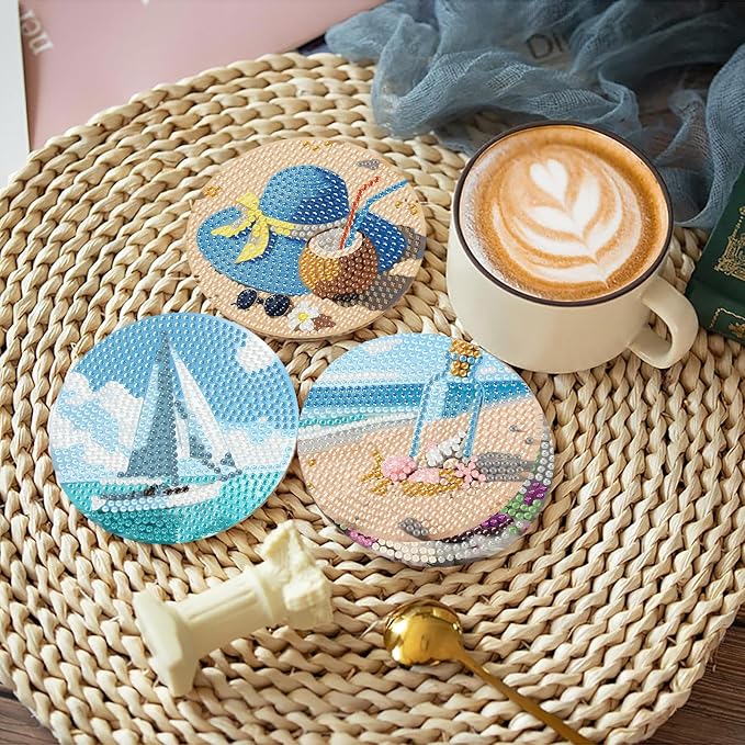 askkqtx 8 Pcs Beach Diamond Art Coasters Kits with Holder 4X4 Inch