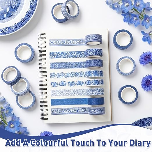 12 Roll Floral Washi Tape Set Flower Decorative Masking Tape for Scrapbook | Blue-and-White Porcelain in Chinese Style Washi Tape Set for Back to School Arts DIY Craft Scrapbook Journal Supplies Gifts