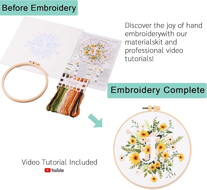 Harimau Letter J Pattern Embroidery Kit for Adult Beginners, Complete Starter Pack with 1 Hoop, Needles, Instruction Guide & Embroidery Stitch Video Tutorials