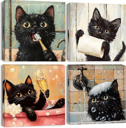 Clendo 4 Pack Black Cat Paint by Numbers Kit for Adults with Frame - Animals in Bathtub Adult Paint by Number Kit DIY Oil Painting Kits for Home Wall Decor 8x8 Inch