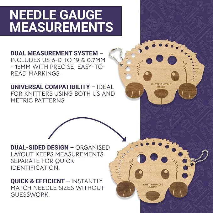 The Quilted Bear Wooden Knitting Needle Gauge - Knitting Gauge Measuring Tool for Accurate Needle Measurements with Metric & Imperial Sizes 0.7mm to 15mm & US 6-0 to 19 in Various Fun Designs (Dog)
