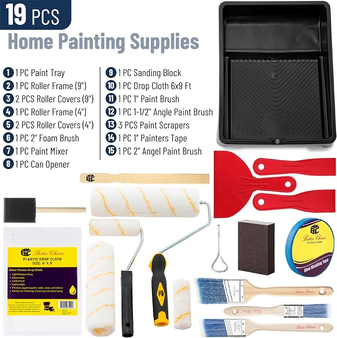 Bates- Paint Roller Kit, 19 pcs, Roller Set with Microfiber Sleeves & Frame | for Walls, Cabinets, Interior and Exterior Painting