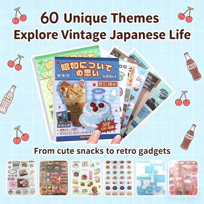 Tmtains 1000+Pcs Japanese Sticker Book for Scrapbook 60 Sheets Heisei Retro Korean Stickers for Journaling Aesthetic Japanese Sticker Book for Adults DIY Crafts Junk Journal (Blue & Green Dessert)