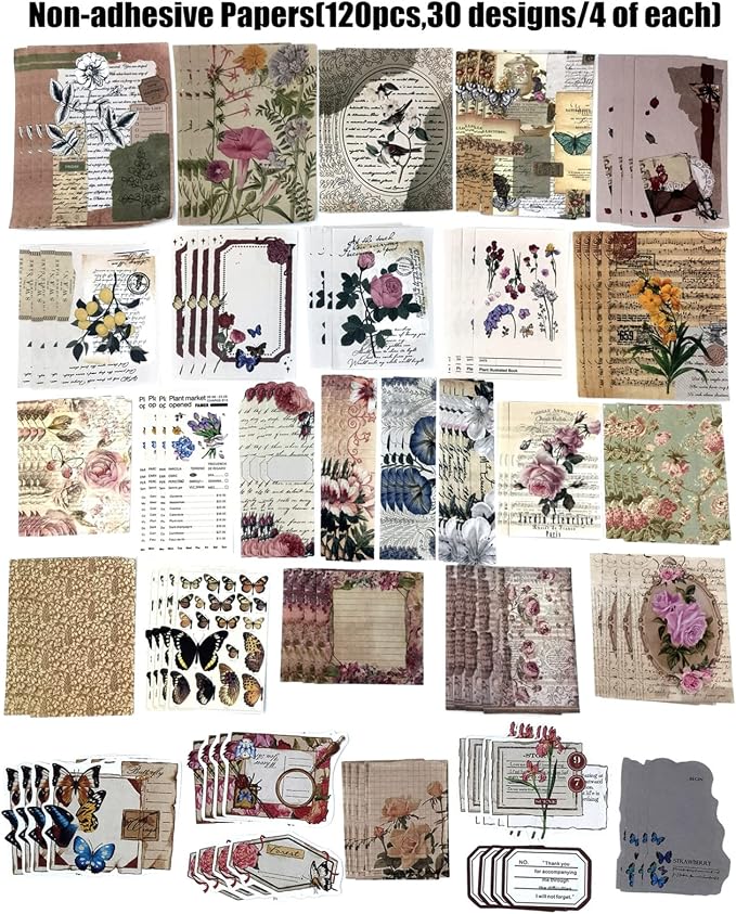 Esweny 260PCS Vintage Journaling Scrapbooking Supplies Scrapbook Sticker Paper Ephemera Pack for Junk Journal Planners Collage Craft Notebooks Album (Flowers and Butterflies)
