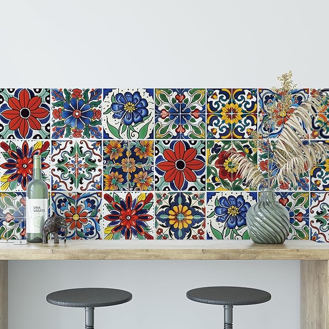 30 Pcs Mediterranean Style Peel and Stick Wall Tile Decals - Waterproof Vinyl Stickers for Kitchen Backsplash, Bathroom, Stair Riser Decor - Spanish Floral Pattern - 4x4 Inch