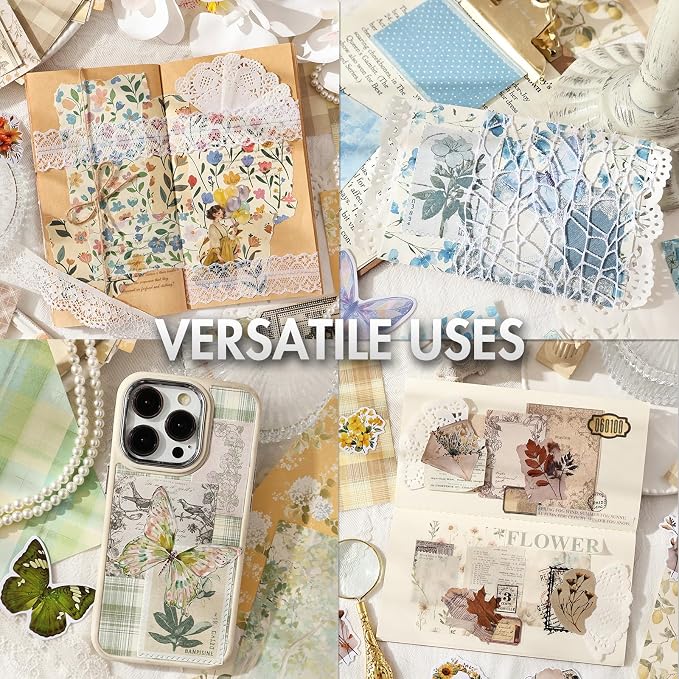 OKUPAN Scrapbook Supplies Kit – 100PCS Vintage Cottagecore Floral Scrapbook Paper & Stickers, 4 Sizes Pastoral Scrapbooking Supplies for Journaling, Card Making & DIY Gifts (Green)
