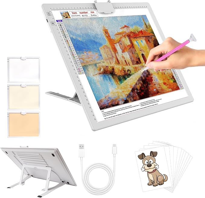 YINGWOND A3 Rechargeable LED Light Pad,Light Box for Tracing with Integrated Stand,3 Light Colors 6 Levels of Brightness and stepless dimming,Light Board for Diamond Painting,Drawing,Artists