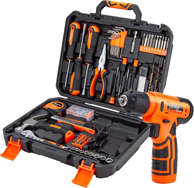CARTMAN 150PCS 8V Cordless Drill Hand Tool Set, Orange Household Repair Kit | All-Inclusive Tool Assortment With 8V Drill, Great For Home Upkeep, DIY Crafting And Daily Household Fixes
