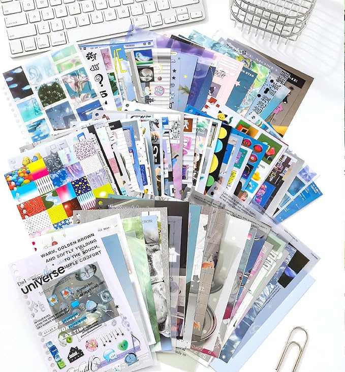 Premium Stcker Book for Scrapbooking, 65 Sheets Including Patterned, Vellum and Glitter Paper, Junk Journal Supplies for Adults with Vintage Stickers, 4.9 x 6.9 Inches