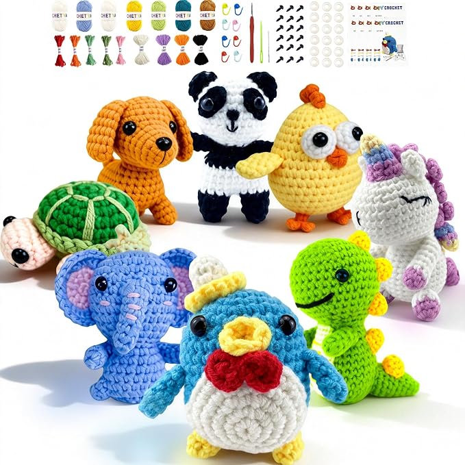 Cosminy 8Pcs Crochet Kit for Beginners, DIY Craft for Adults and Kids, Great Gift for Crochet Lovers, Crocheting Animal Kits with Step by Step Videos,Yarn,Crochet Hook,Birthday Holiday Gift