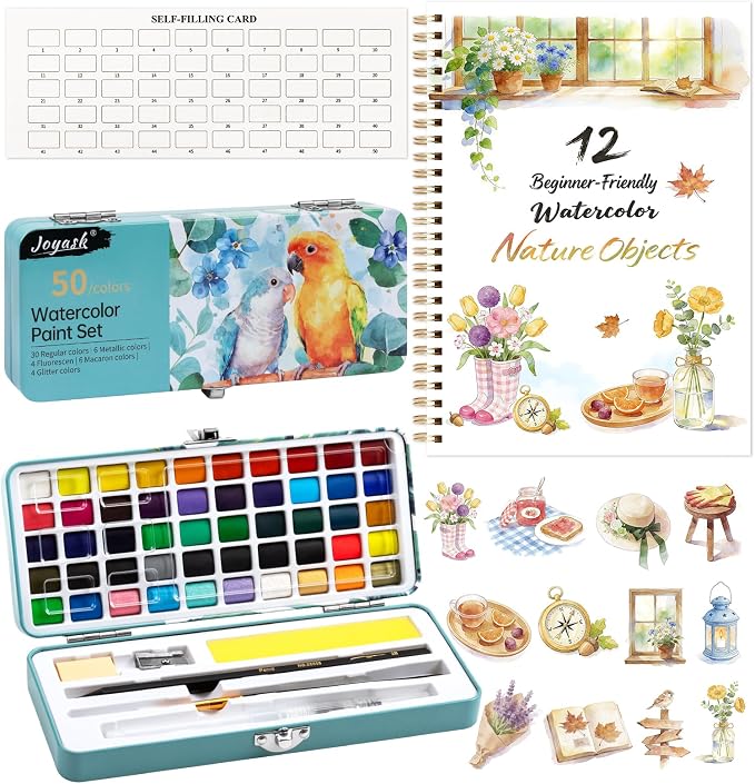 Watercolor Workbook with 12 Nature Patterns, 50 Colors Watercolor Paint Set | Water Coloring Book, Beginner-Friendly Watercolor Workbooks for Creative Exploration Gift for Adults