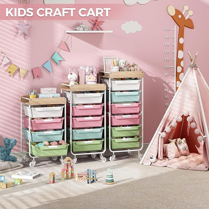 SYKIARIOL Utility Cart with Drawers,Craft Cart with 5 Drawers,Colorful | Art Supply Organizer,Rolling Drawer Cart,Craft Storage Cart,Storage Drawer Carts With DIY Lable and Wooden Tabletop Area