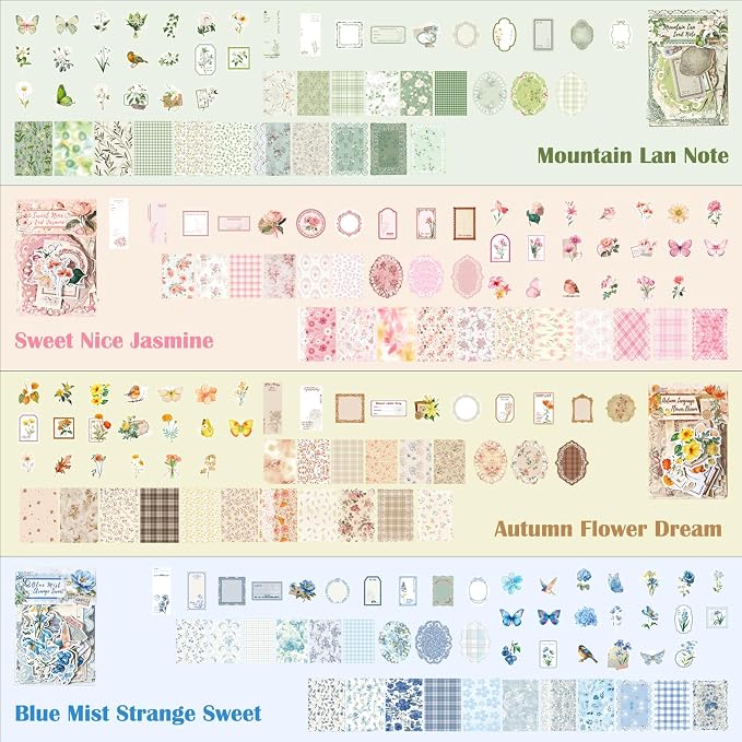 400 Pcs Floral Scrapbook Paper & Stickers, 4 Packs Scrapbook Supplies Kit, Junk Journal Scrapbooking Paper for Journaling, Scrapbooking Embellishments, Planner, Card Making