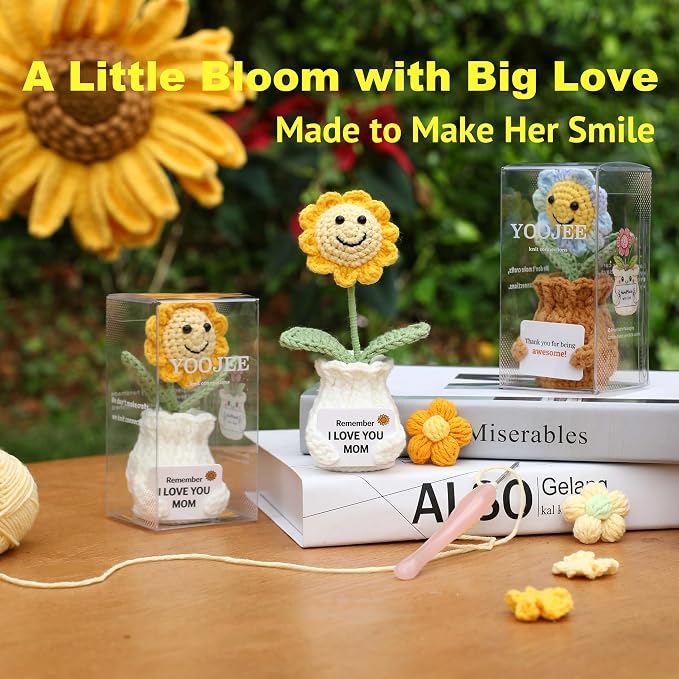 Crochet Sunflower Gift for Mom from Daughter Son, “I Love You Mom” Handmade Flower, Cute Desk Decor, Appreciation Ready-to-Gift with Box