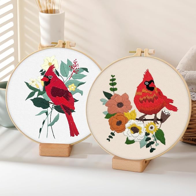 ERKOON 4 Sets Embroidery Kit, Animal Cross Stitch Set for Include Embroidery Cloth Hoops Threads for Craft Lover Hand Stitch (Cardinal)