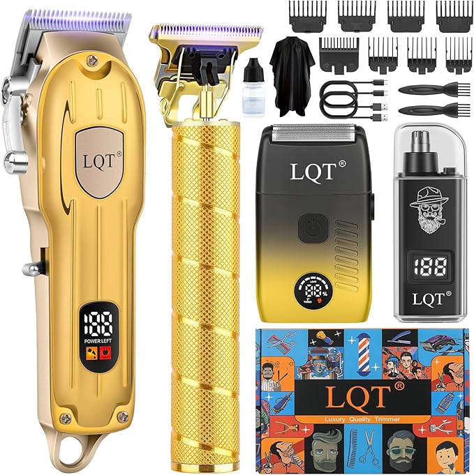 Hair Clippers for Men with LED Display, 4-Piece Cordless Grooming Kit with Hair Clipper, Beard Trimmer, Foil Shaver & Nose Trimmer, Complete Set for Home Barber (Gold)