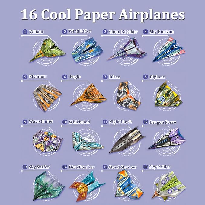 Xuoent Paper Airplane Kit, Kids Origami Kit, World Classic Paper Planes with 32 Sheets 16 Creative Designs, STEM Origami Paper Craft Set with Digital Video Tutorial, Crafts for Kids Age 6-12
