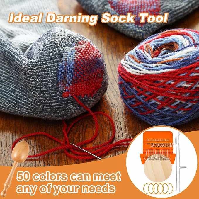 Jexine Mini Darning Egg for Socks 14 Hooks Small Speedweve Style Weaving Darning Loom with 9 Pcs Large Eye Needles 50 Colors Thread for Handcraft DIY Weaving Repair Tool(Bright Color)