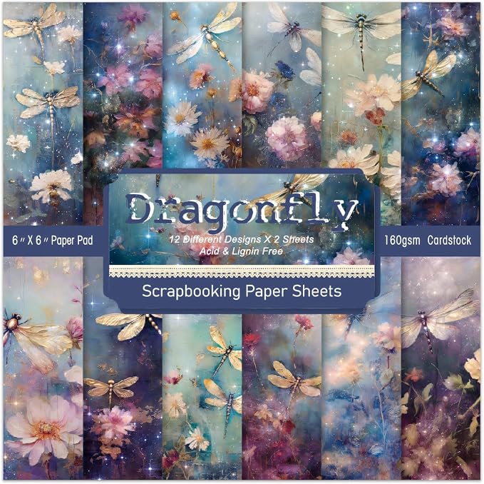 6 x 6 In Dragonfly Scrapbooking Paper Pad, 24 Sheets Floral Pattern Design Cardstock Decorative Decoupage for Photo Album Card Making Folded Supplies Gift Wrapping Junk Journals Crafts