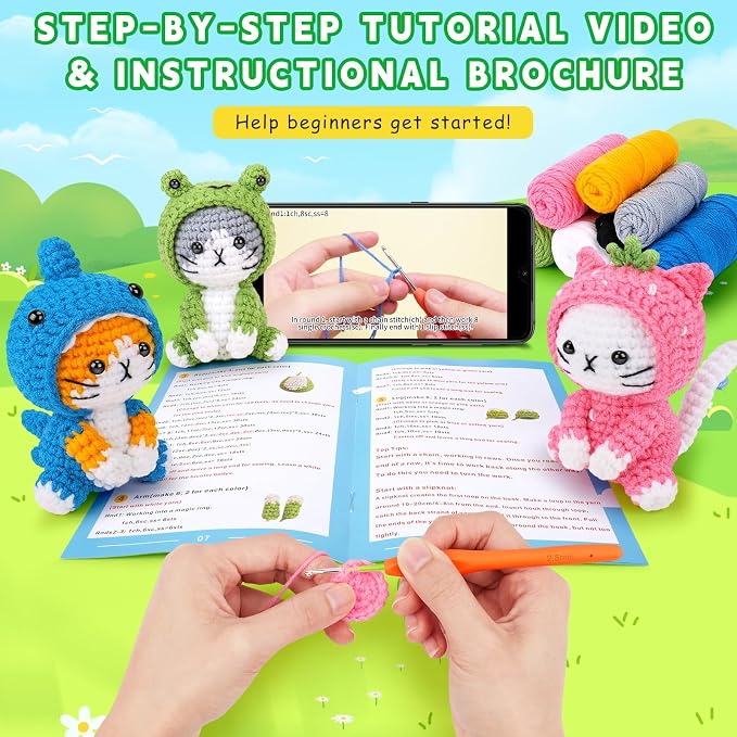Fortuning's JDS Crochet Kit for Beginners, 3 PCS Crochet Animal Kits | w/ Step-by-Step Video Tutorials, Beginner Crochet Kit for Adults, Cat Dressed as Shark Frog Strawberry