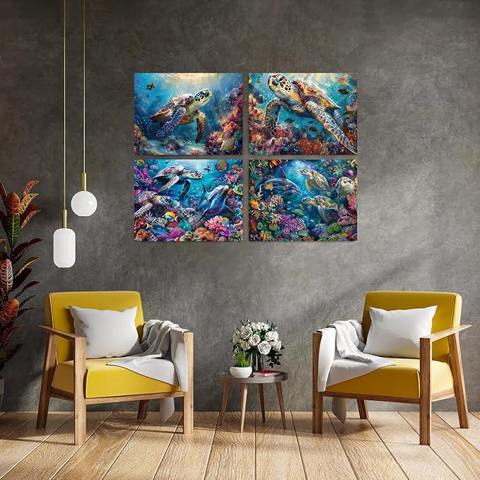 DOTSOPS 4 Pcs Marine Animal Diamond Painting Kits Art Adults Painting Kit | Crafts DIY 5D Diamond Art Packs Kits for Adults,Round Full Drill for Beginner,Home Wall Decoration Gift 11.8 x 15.7 Inches