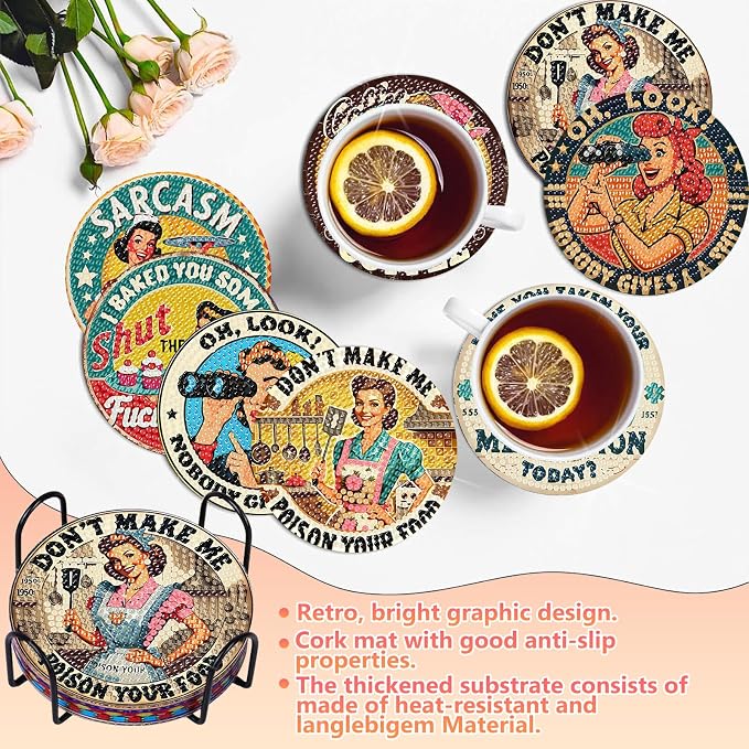 Funny Diamond Art Coasters Kit for Adults, Diamond Painting Coasters 8 Pcs | Diamond Art Coasters Kit for Adults with Holder, Anti-Slip Coasters, 5D Gem Art, DIY Crafts Diamond Dots for Gift or Life