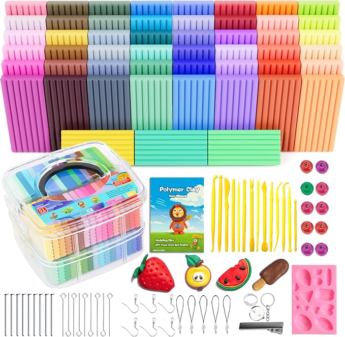 CiaraQ 51-Color Polymer Clay Oven Bake Modeling Kit | 14 sculpting tools, 2-layer storage box, silicone mold, acc. pack, guide. Great for school, home, gifts, kids & artists.