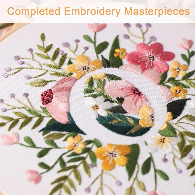 Harimau Letter Pattern O Embroidery Kit for Adult Beginners, Complete Starter Pack with 1 Hoop, Needles, Instruction Guide & Embroidery Stitch Video Tutorials