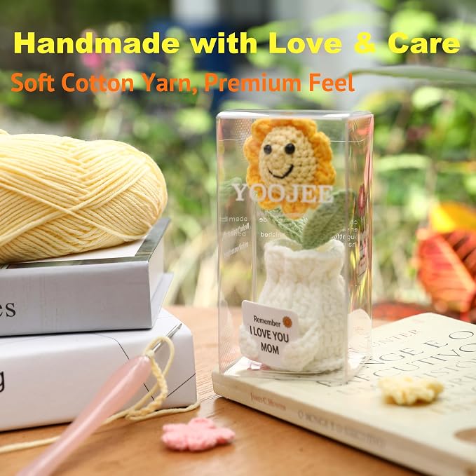 Crochet Sunflower Gift for Mom from Daughter Son, “I Love You Mom” Handmade Flower, Cute Desk Decor, Appreciation Ready-to-Gift with Box