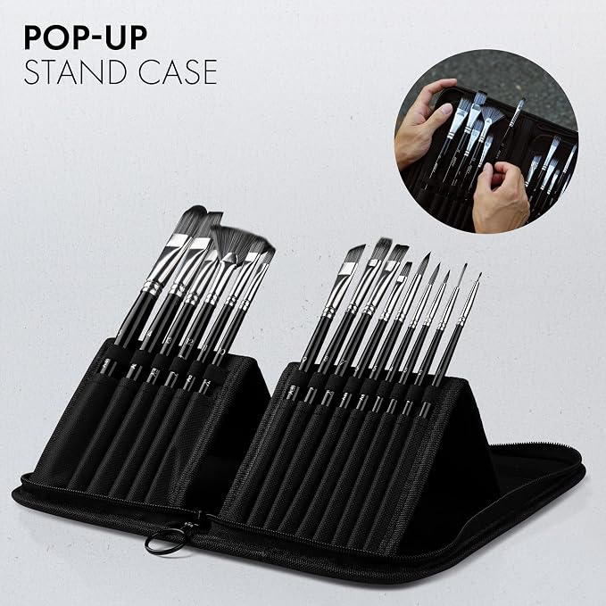 18 Piece Paint Brush Set, ARTIFY 15 Acrylic Paint Brushes, Palette Knife, and 2 Sponges, Professional Artist Paint Brushes for Acrylics, Watercolors, Gouache, Canvas, and Face Painting,Black