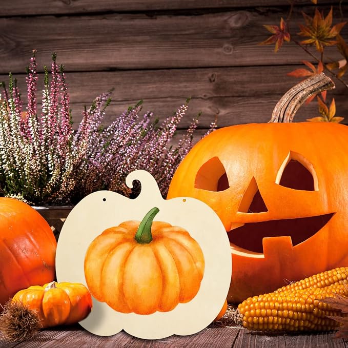 Whaline 5 Pcs Fall Pumpkin Unfinished Wood Cutout with 80 Pcs Fake Maple Leaves Ribbons 12 x 0.1 Inch Autumn Pumpkin Wooden Slices with Hemp Rope for Thanksgiving Halloween DIY Crafts Home Decor
