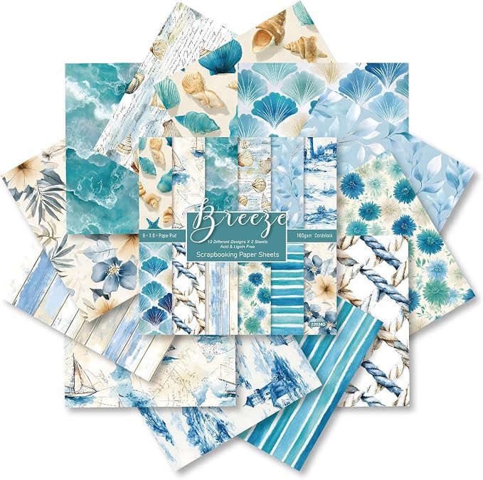 Blue Aesthetics Scrapbooking Paper Pad - 24 Sheets 6'' x 6'' Beach Shell Patterned Decorative Collage Decoupage for Journaling Wrapping Folded Supplies Gift DIY Crafts Cards Photo Album