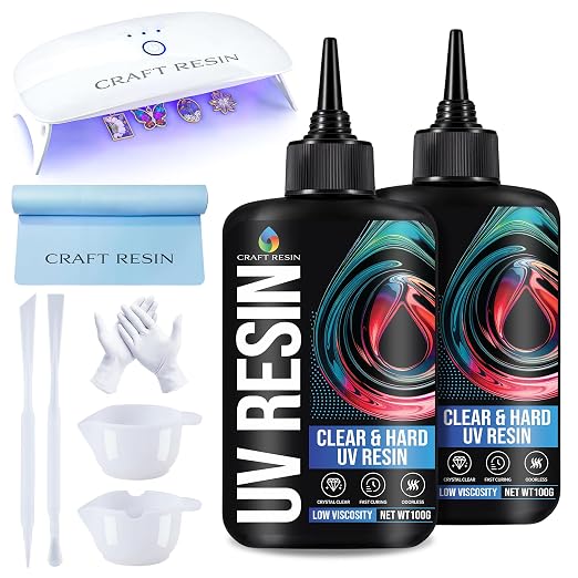 CRAFT RESIN UV Resin Kit with Light - 36W 22 LED Big Lamp and 200g Hard Type Low Viscosity UV Epoxy Resin, Crystal Clear & Non-Yellowing - Starter Kit for Jewelry Making, DIY Crafts