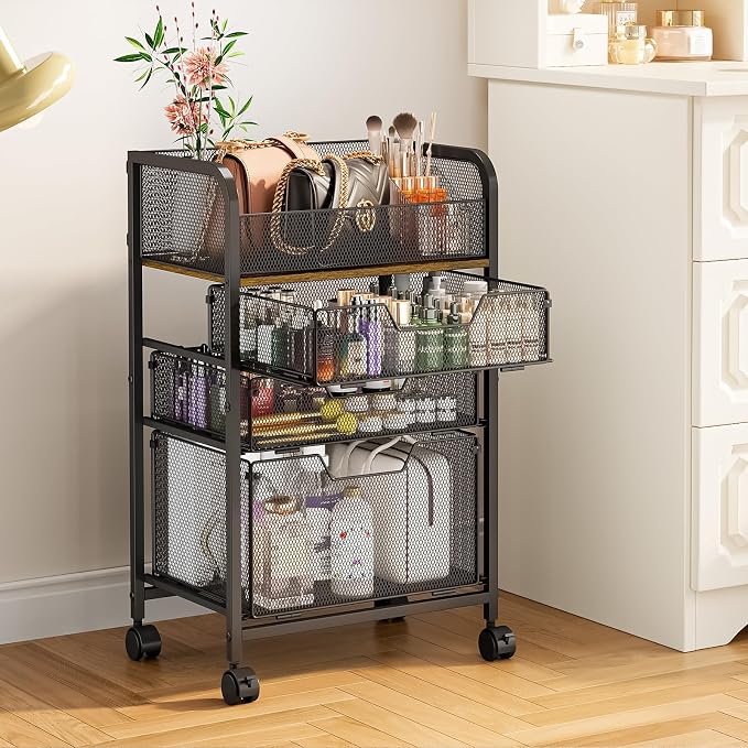 4-Tier Rolling Utility Cart with 3 Drawers-Craft Organizers and Storage with 360° Lockable Wheels,Art Supply Storage Organizer for Art Supplies, Store for Brushes & Paints & Artifacts Patent Pending