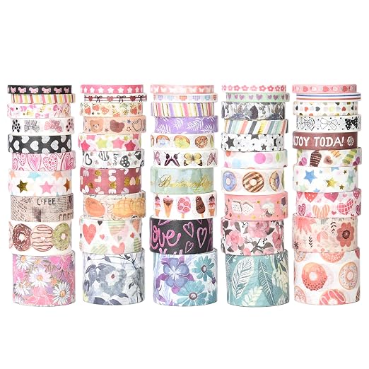 50 Rolls Washi Tape Set, Assorted Sizes, for Junk Journal Scrapbook, Bullet Journaling Scrapbooking Supplies, Planner Sticker DIY Craft Decor (Serene Basics)