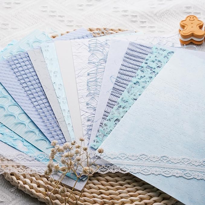 15Pcs Handmade Scrapbook Art Paper Craft Textured Paper Colorful A5 sheet Mesh Special Mix for Scrapbooking Junk Journal Journaling Supplies DIY Materials,5.8x8.2 inches (Blue)