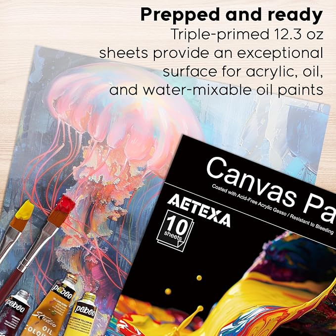 AETEXA Canvas Paper Pad, 9”x12” Canvas Pad, 10 Sheets, 12.3 oz Gesso, Glue Bound, Art Supplies for Adults and Teens, for Acrylic Pouring and Oil Painting.
