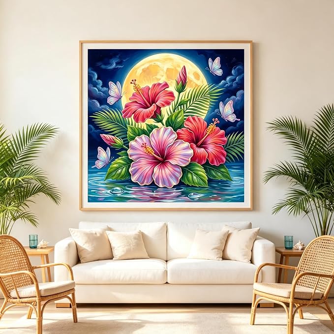 Hibiscus Flower Diamond Painting Kits for Adults,Moon Diamond Art Kits | DIY Full Round Drill Gem Painting Tropical Floral Paint by Diamonds Relaxing Craft for Home Wall Decor 13.75x13.75In
