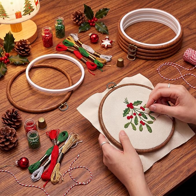 Burbell 15 Pcs Embroidery Hoops Round Wood Frame Cross Stitch,6 Inch | Small Display Frame Ornaments, Imitated Wood with Metal Hooks, DIY Crafts Sewing Hanging Gifts, Christmas Decor Supplies