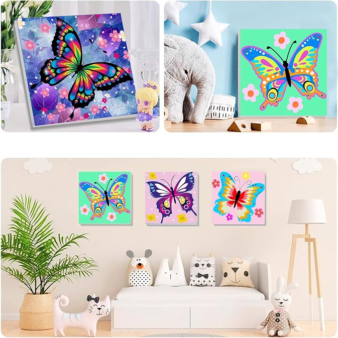 4 Pack Butterfly Paint by Number for Kids with Wooden Frame - Wooden Easel | Paint by Numbers for Kids Butterflies Ages 4-8-12, Easy Painting with Number Oil Painting Kits for Home Wall Decor (8X8 inch)
