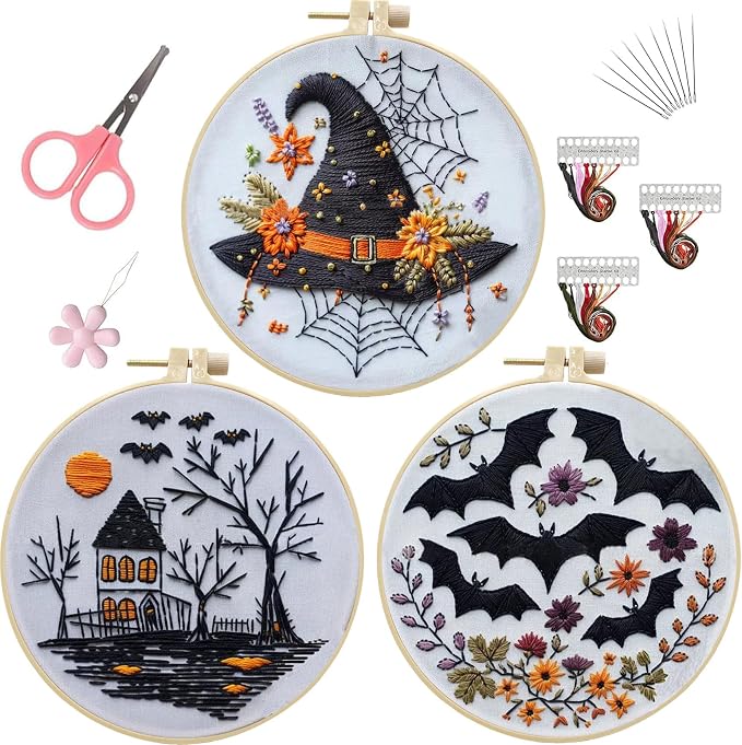LB Black and White Halloween Embroidery Kit for Beginner Adults
