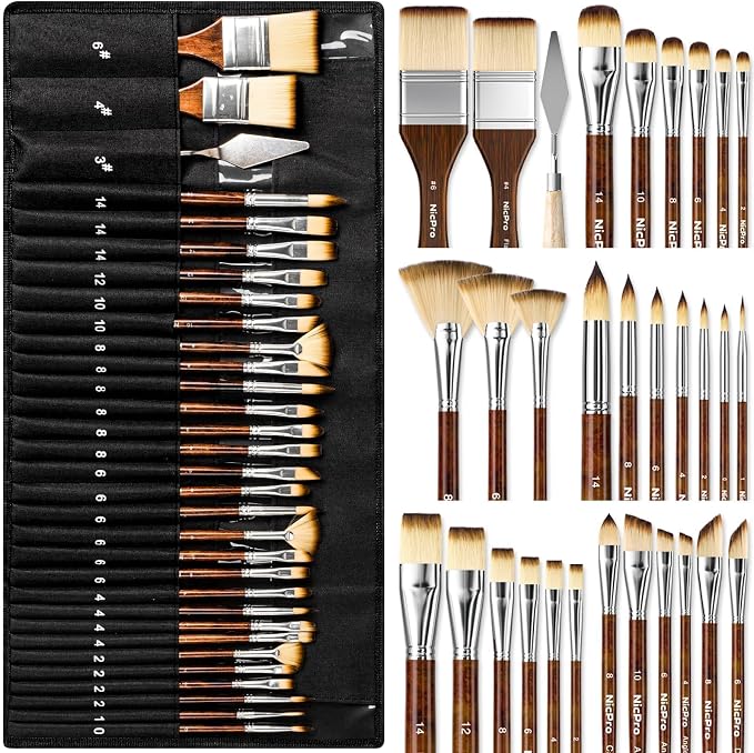 Nicpro 30pcs Paint Brush Set for Acrylic Painting, Oil, Watercolor, Gouache | Professional 9 Shapes No Shedding Synthetic Bristles with Palette Knife & Canvas Roll, Art Supplies for Artists and Beginners