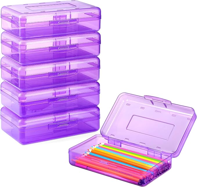 Sooez Plastic Pencil Case Box 6 Pack, Colored Large Craft Storage Bulk