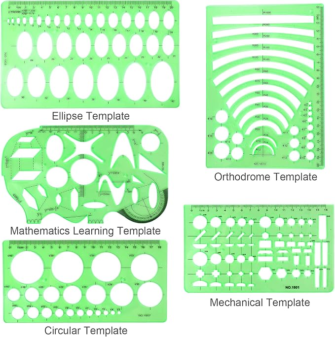 11PCS Geometric Drawings Templates, Drafting Stencils Measuring Tools, BetyBedy Plastic Clear Green Ruler Shapes with a Zipper Bags for Architecture, Office, Studying, Designing and Building