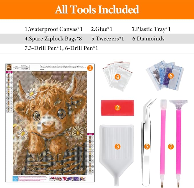 Diamond Art Kits for Adults, Highland Cow Diamond Painting for Beginners | 12x16 Inch, Full Drill Round Dots, Baby Cow DIY 5D Gem Art Craft Kits, Home Wall Decor, Stress Relief Relaxing Hobby Gift