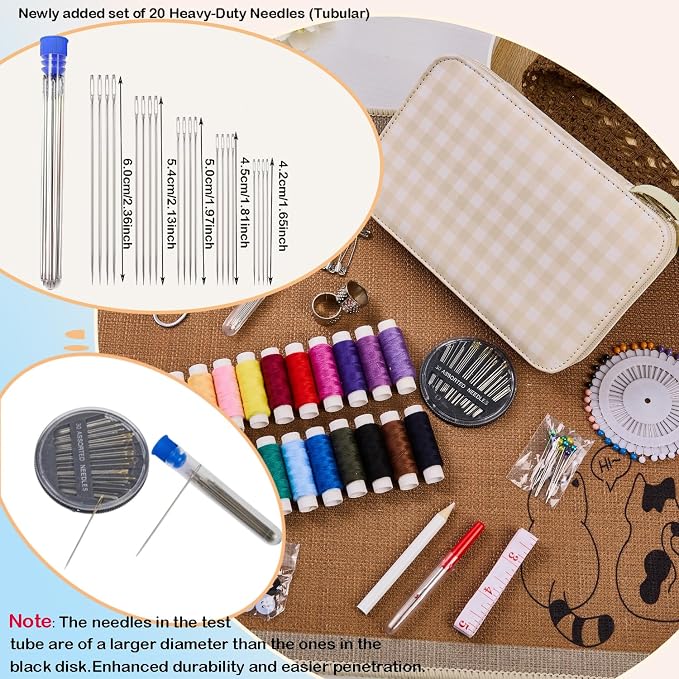 Travel Basic Sewing Kit with Checkered Pattern Sewing Set | Professional 130PCS Sewing Supplies Heavy Duty Needles Kit Printing Sewing Kit for Adults & Beginners Emergency, Home
