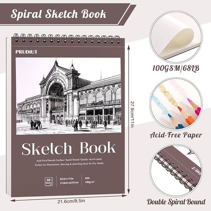 2 Pack Sketch Book 8.5 × 11 in, Spiral Sketch Pad, 50 Sheets Each | 68 Lb/100 gsm Acid-Free Paper, Perforated Pages, Spiral Bound, Backboard Support, for Pencil Charcoal Pastel
