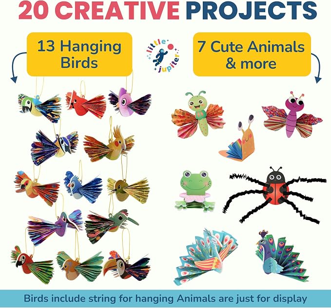 DIY Zig Zag Origami - Beginner Origami & EVA Foam & Paper Craft Kit for Kids 6-10 Yrs - Boys & Girls Build 20 Hanging Birds, Insects, & More - Use for Room Decoration, Christmas Ornaments, & More